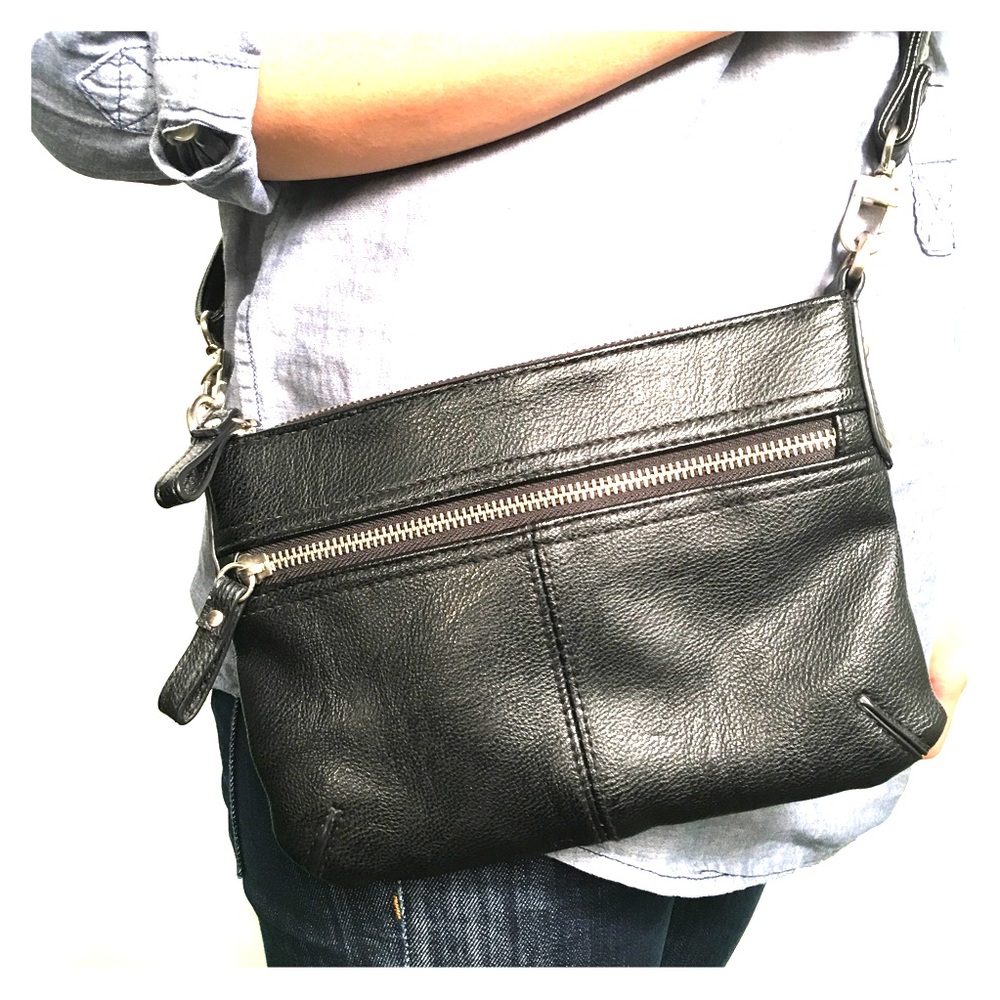 Small black faux leather crossbody bag